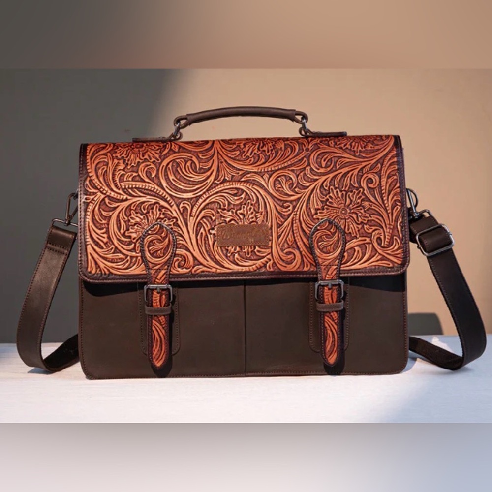 Wrangler Genuine Leather & Handtooled Briefcase Messenger Bag NWT